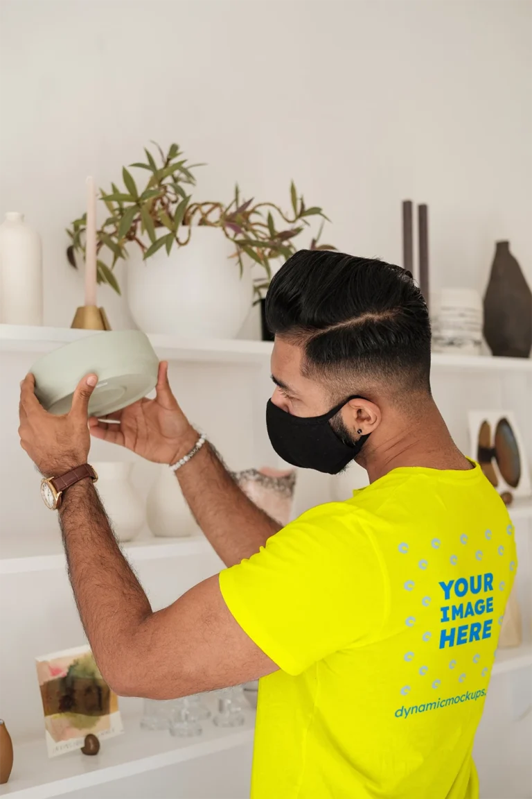 Man Wearing Yellow T-shirt Mockup Back View Template