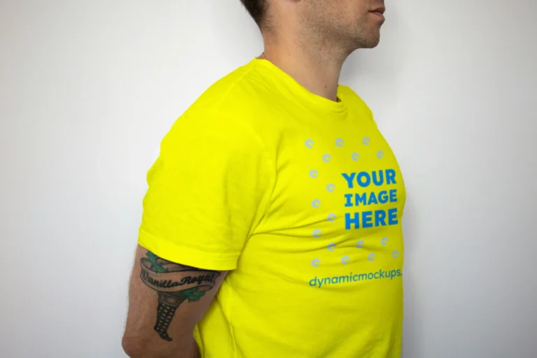 Man Wearing Yellow T-shirt Mockup Front View Template