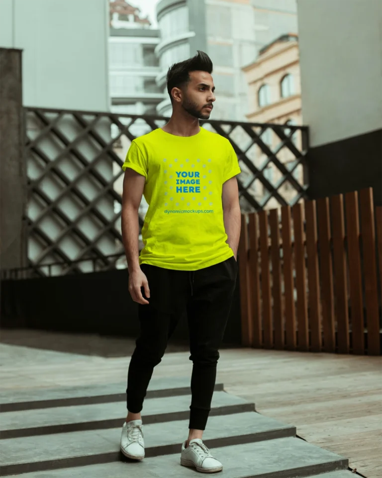 Man Wearing Yellow T-shirt Mockup Front View Template