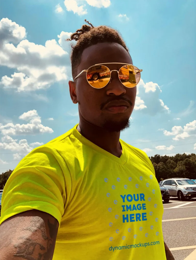 Man Wearing Yellow T-shirt Mockup Front View Template