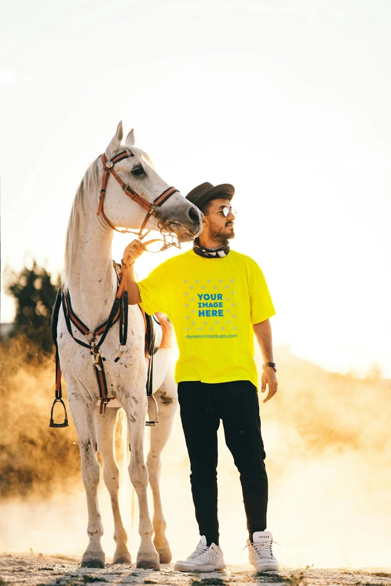Man Wearing Yellow T-shirt Mockup Front View Template