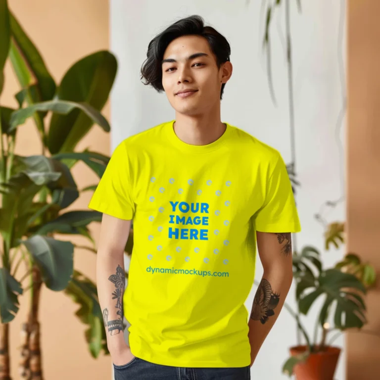 Man Wearing Yellow T-shirt Mockup Front View Template