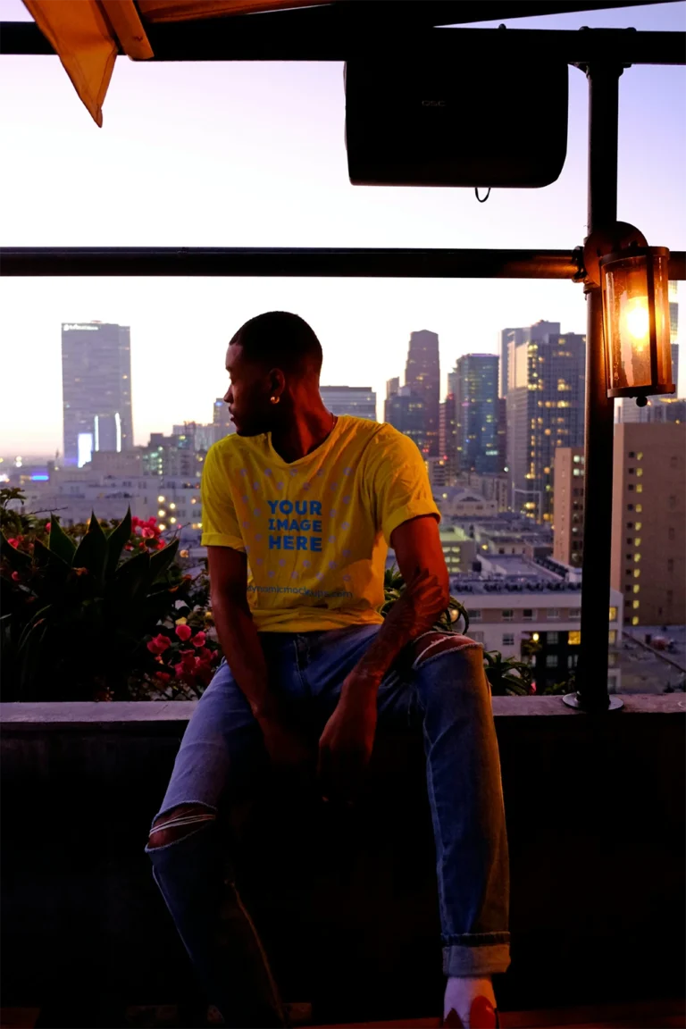 Man Wearing Yellow T-shirt Mockup Front View Template