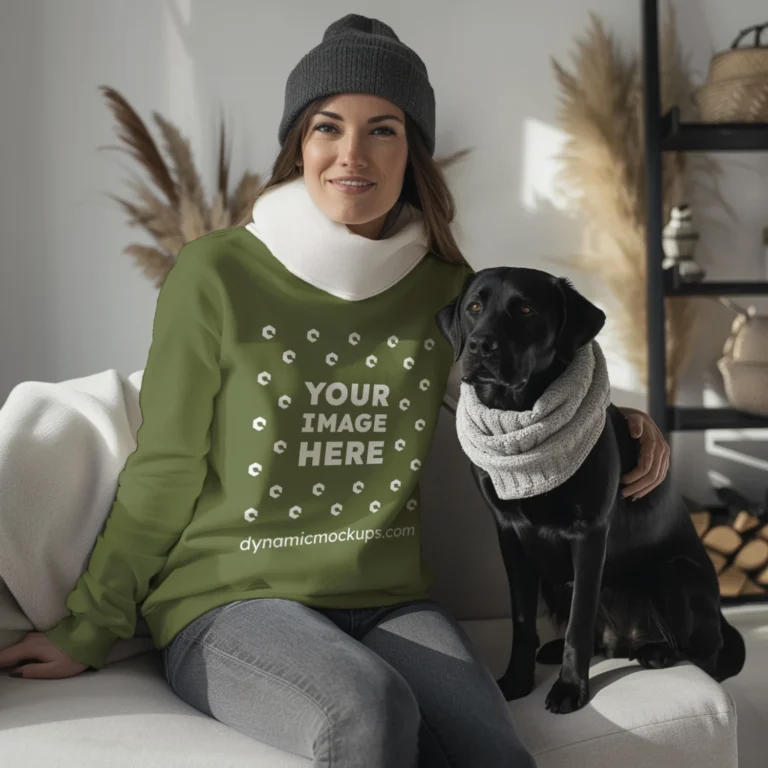 Woman Olive Green Sweatshirt Mockup Front View Template