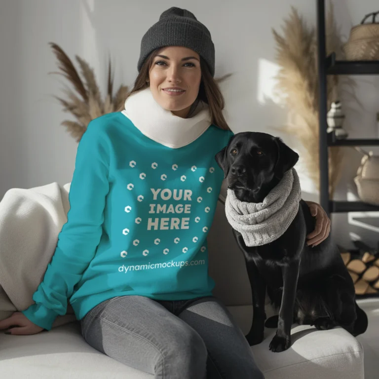 Woman Teal Sweatshirt Mockup Front View Template