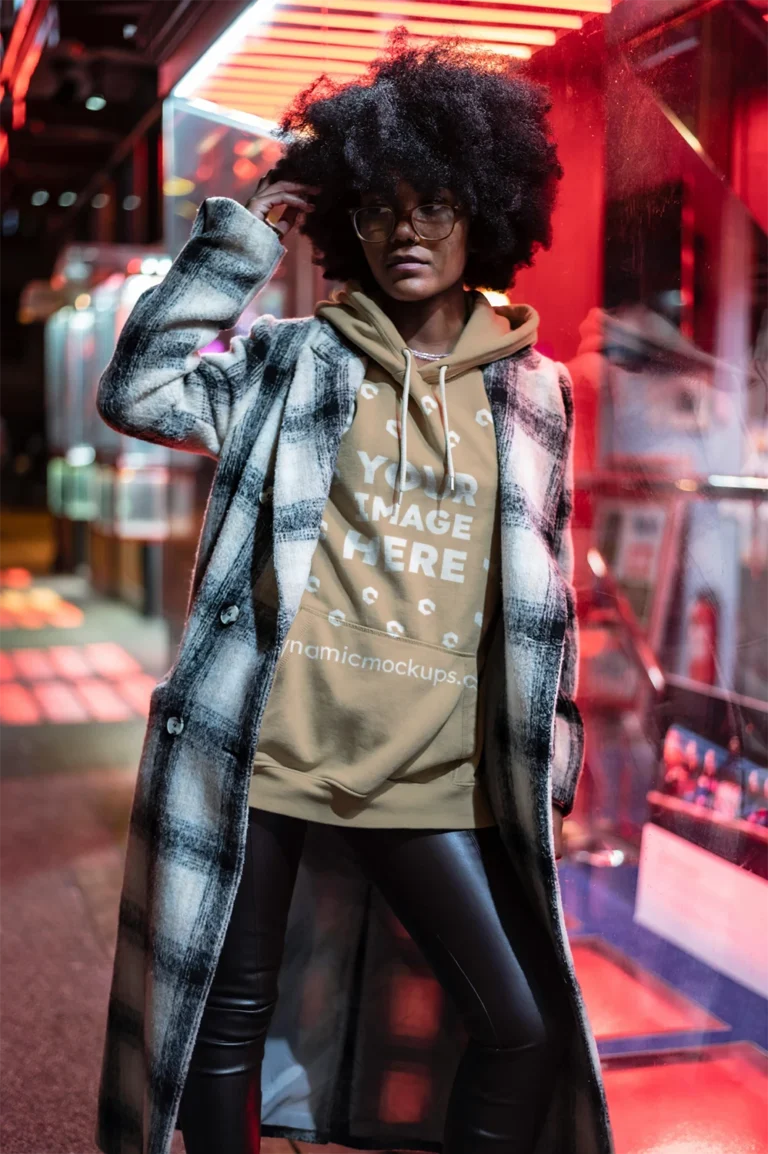 Woman Wearing Beige Hoodie Mockup Front View Template