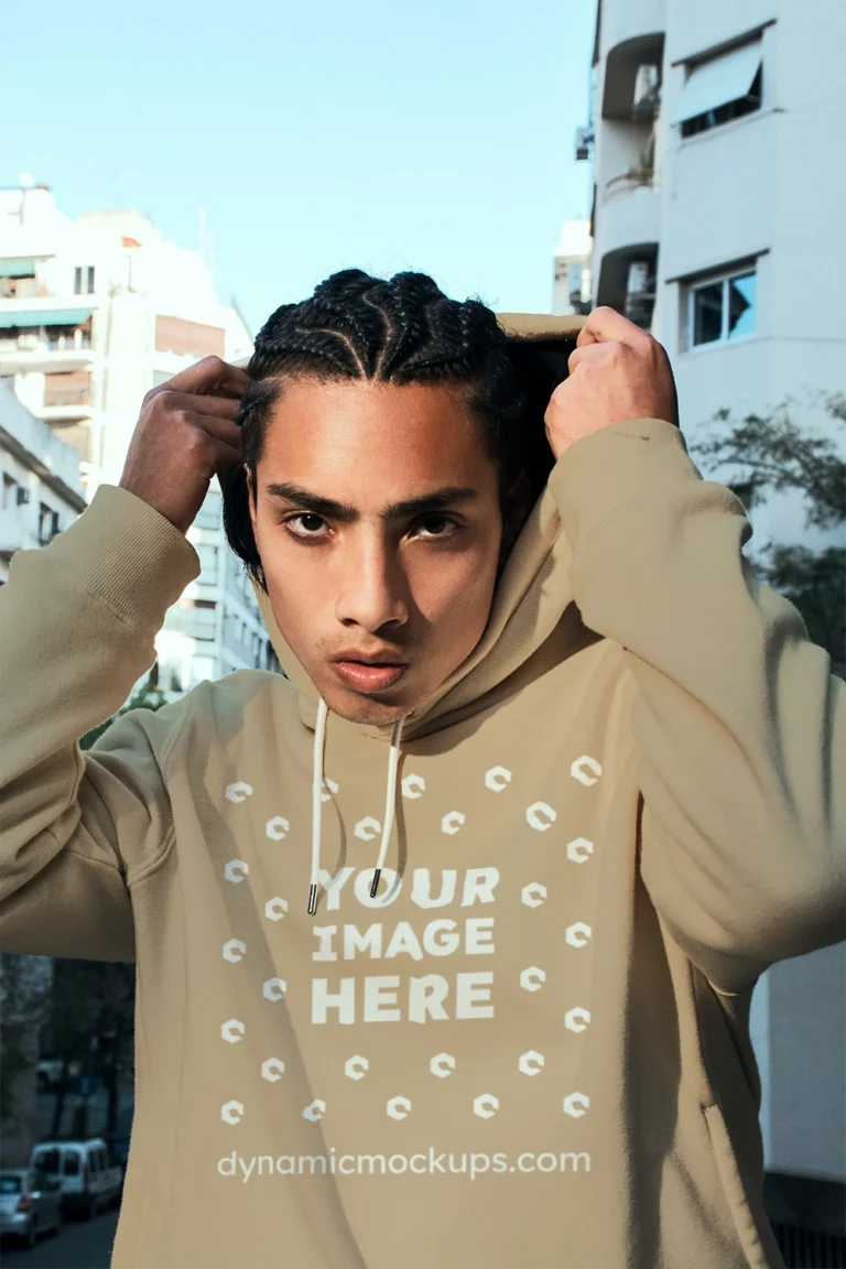 Woman Wearing Beige Hoodie Mockup Front View Template