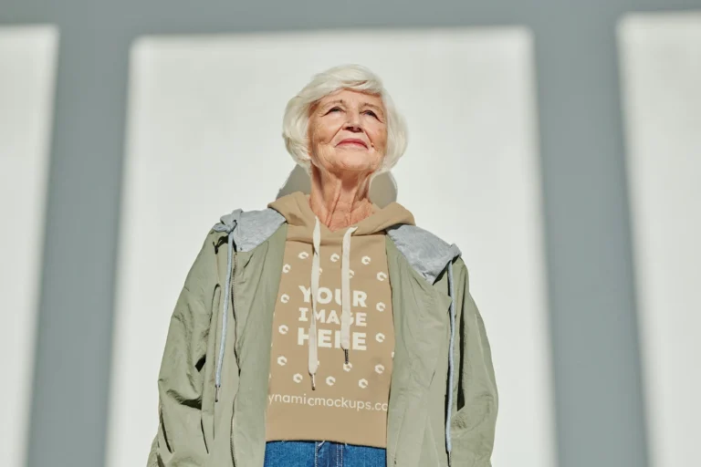 Woman Wearing Beige Hoodie Mockup Front View Template