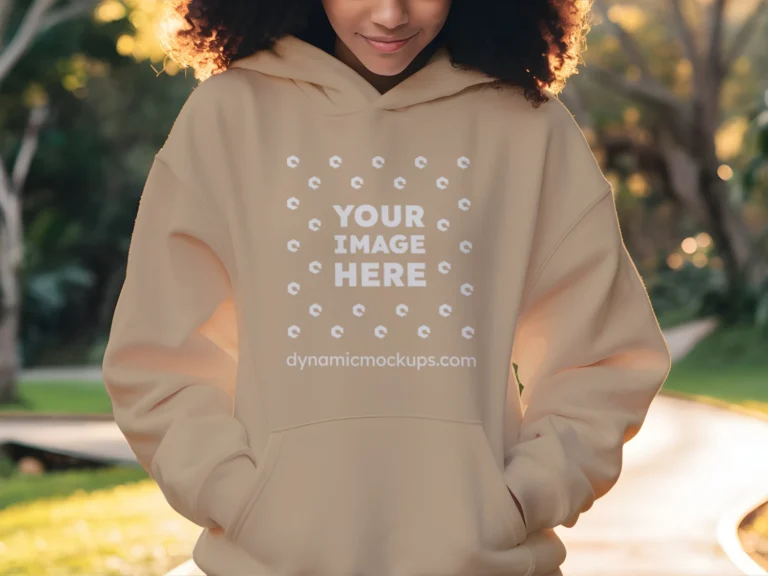 Woman Wearing Beige Hoodie Mockup Front View Template