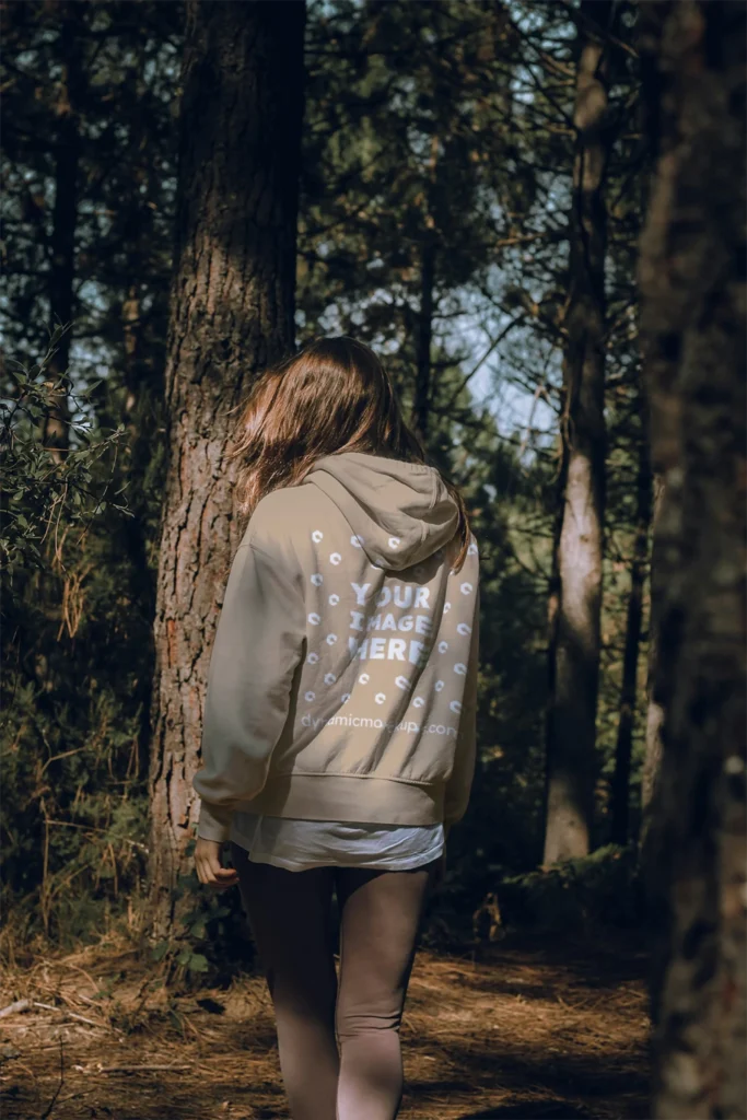 Woman Wearing Beige Hoodie Mockup Back View Template