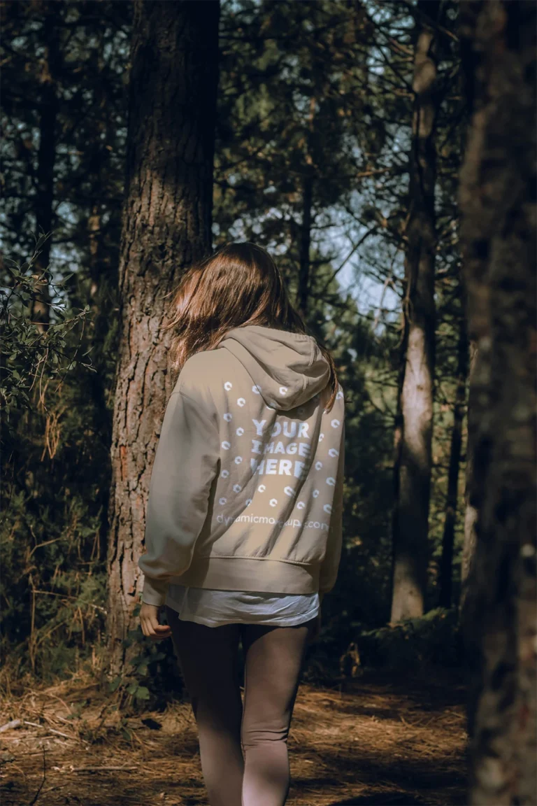 Woman Wearing Beige Hoodie Mockup Back View Template