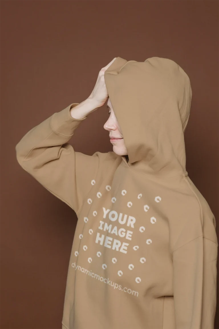 Woman Wearing Beige Hoodie Mockup Front View Template