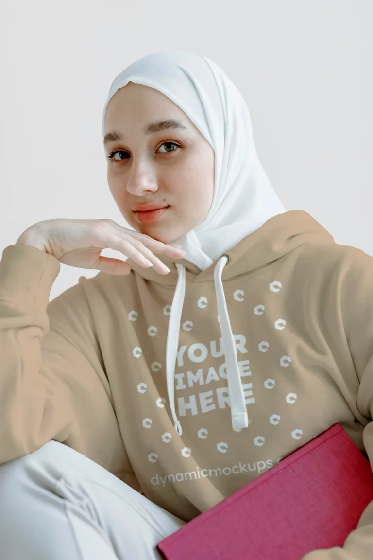 Woman Wearing Beige Hoodie Mockup Front View Template