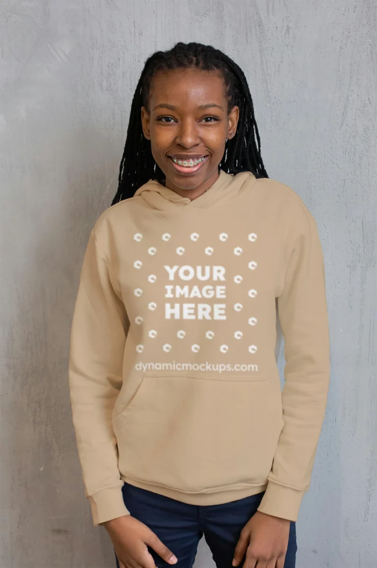 Woman Wearing Beige Hoodie Mockup Front View Template