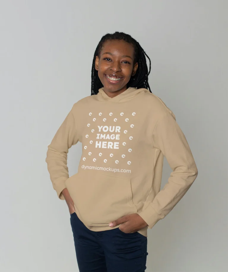 Woman Wearing Beige Hoodie Mockup Front View Template