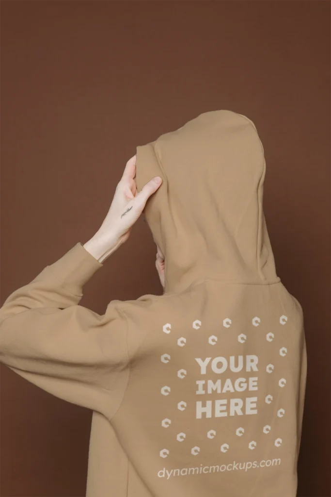 Woman Wearing Beige Hoodie Mockup Back View Template