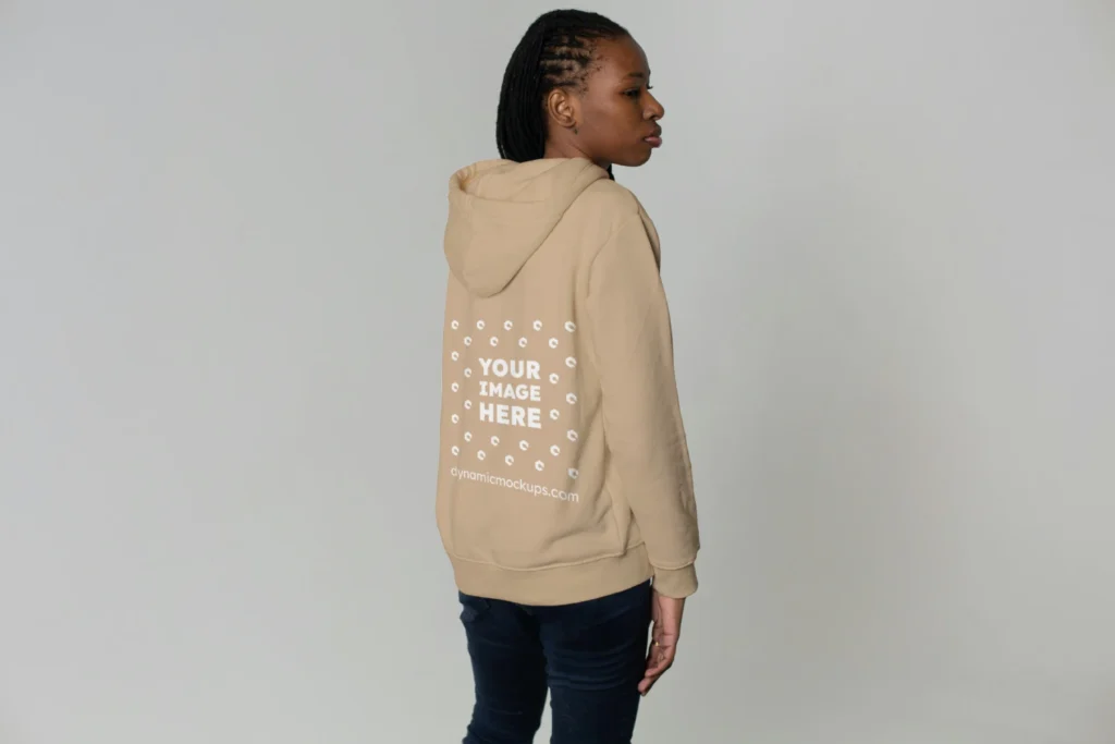 Woman Wearing Beige Hoodie Mockup Back View Template