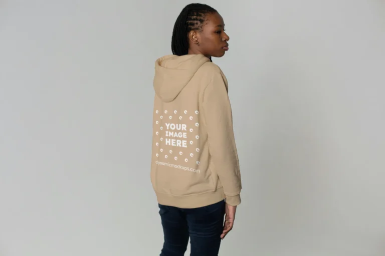 Woman Wearing Beige Hoodie Mockup Back View Template