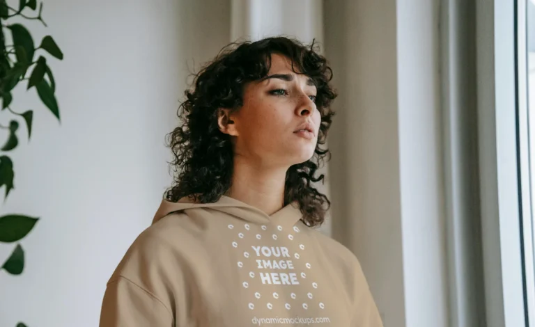Woman Wearing Beige Hoodie Mockup Front View Template