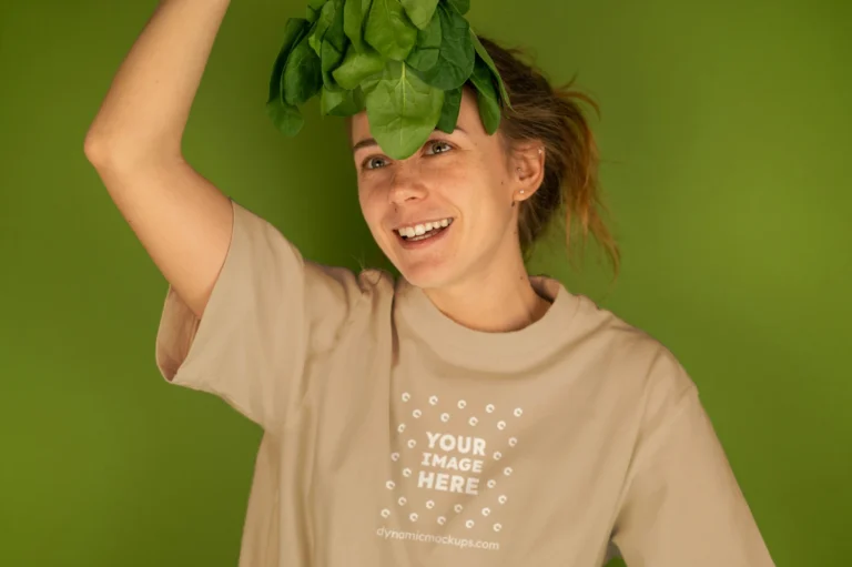 Woman Wearing Beige T-shirt Mockup Front View Template