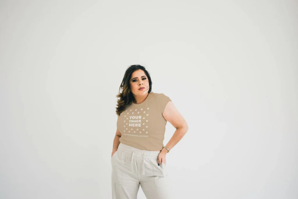 Woman Wearing Beige T-shirt Mockup Front View Template