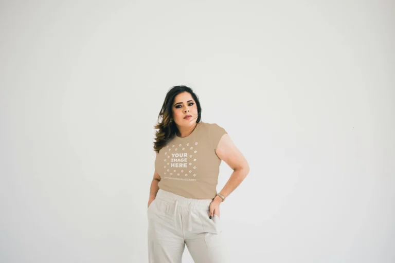 Woman Wearing Beige T-shirt Mockup Front View Template
