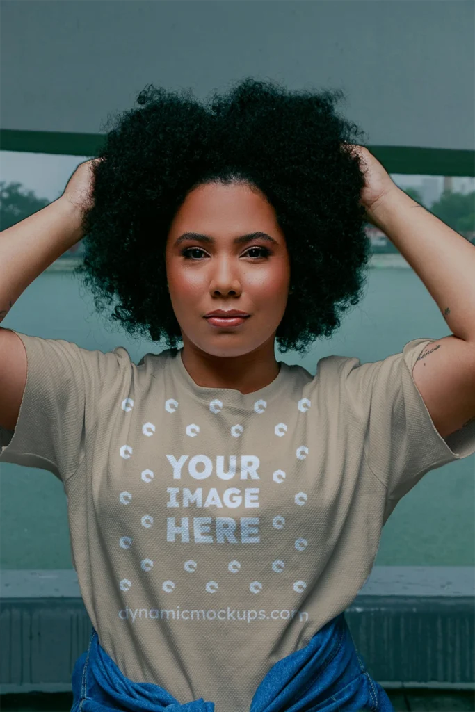 Woman Wearing Beige T-shirt Mockup Front View Template