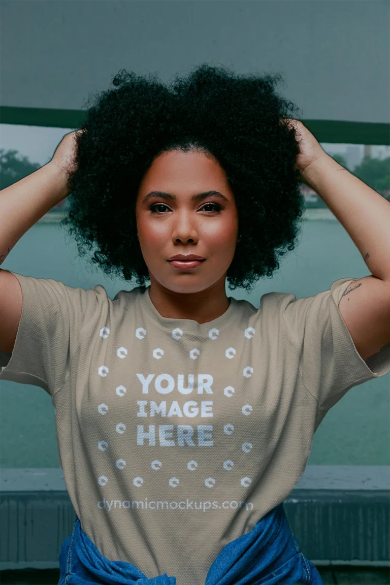 Woman Wearing Beige T-shirt Mockup Front View Template