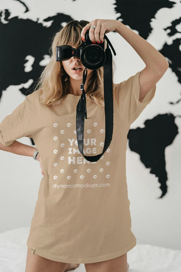 Woman Wearing Beige T-shirt Mockup Front View Template
