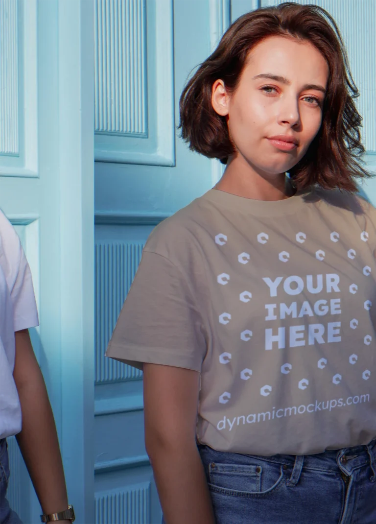 Woman Wearing Beige T-shirt Mockup Front View Template
