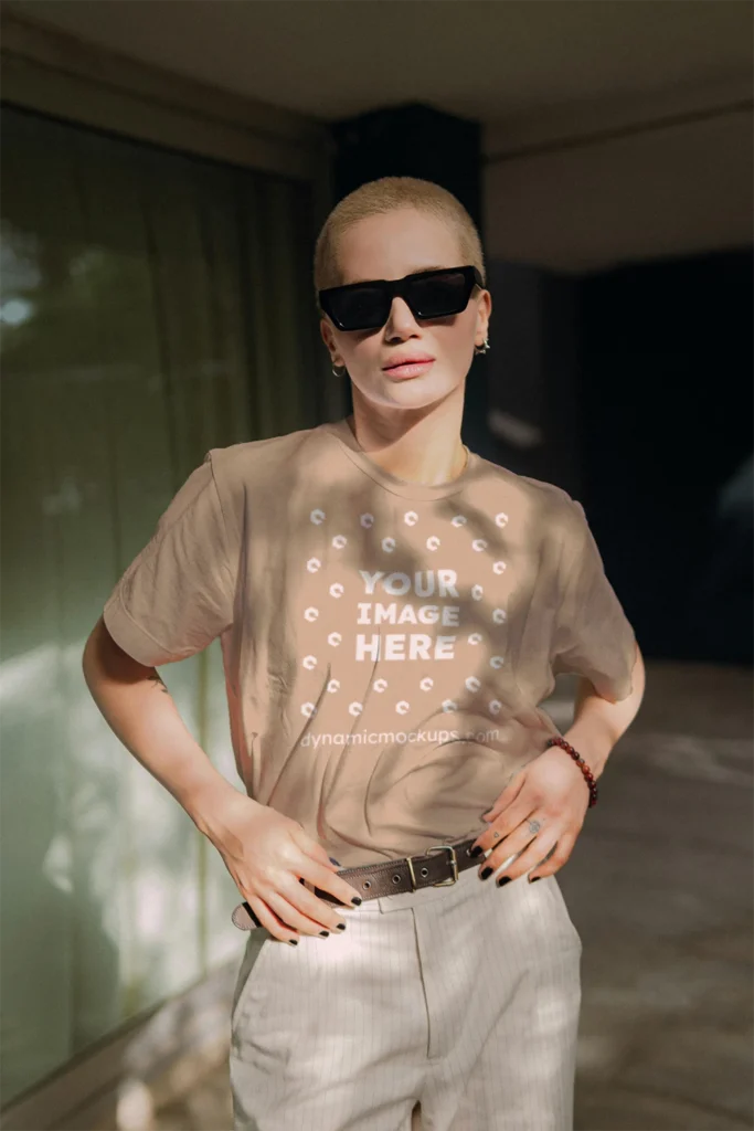 Woman Wearing Beige T-shirt Mockup Front View Template