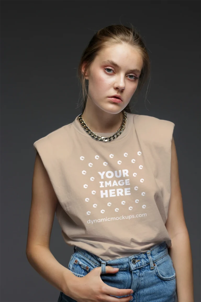 Woman Wearing Beige T-shirt Mockup Front View Template