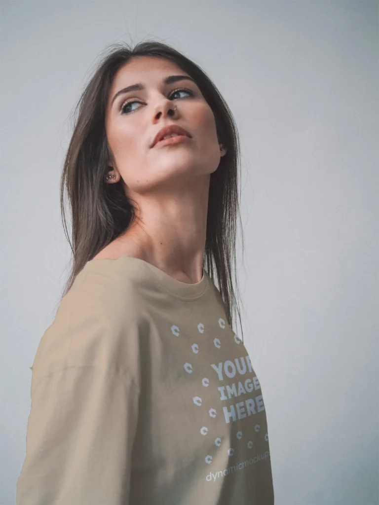 Woman Wearing Beige T-shirt Mockup Front View Template