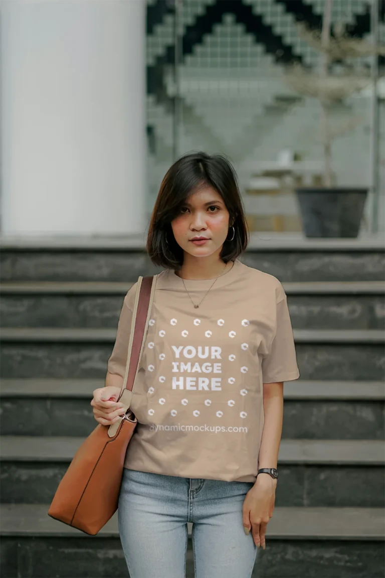 Woman Wearing Beige T-shirt Mockup Front View Template