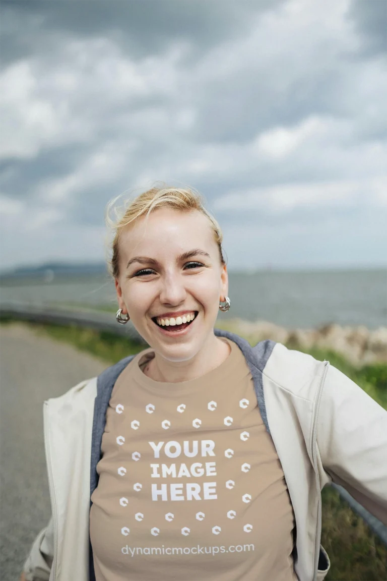 Woman Wearing Beige T-shirt Mockup Front View Template