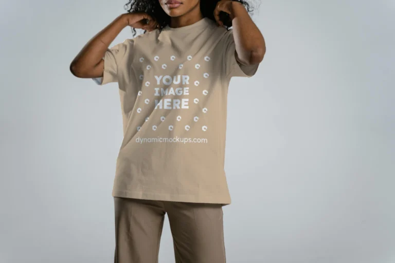 Woman Wearing Beige T-shirt Mockup Front View Template