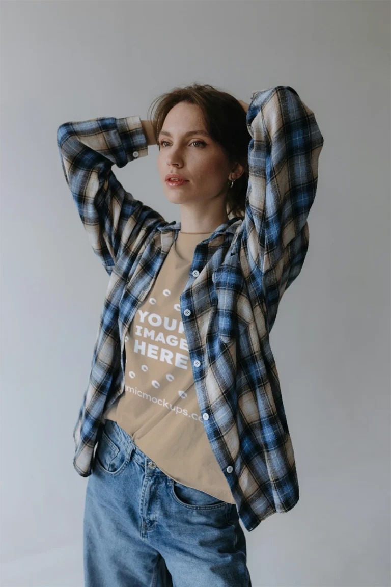 Woman Wearing Beige T-shirt Mockup Front View Template