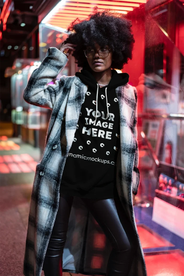 Woman Wearing Black Hoodie Mockup Front View Template