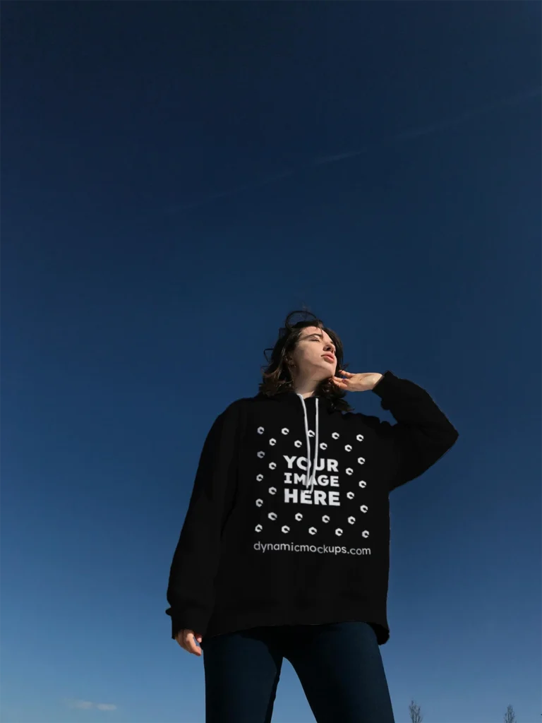 Woman Wearing Black Hoodie Mockup Front View Template