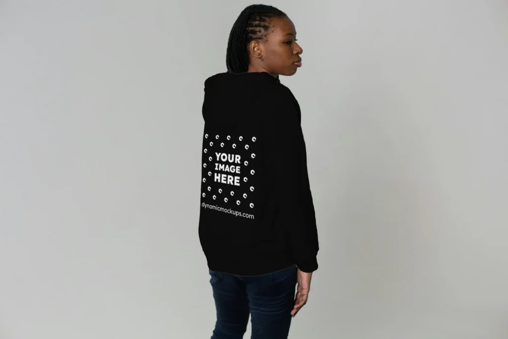 Woman Wearing Black Hoodie Mockup Back View Template