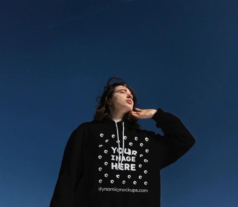 Woman Wearing Black Hoodie Mockup Front View Template