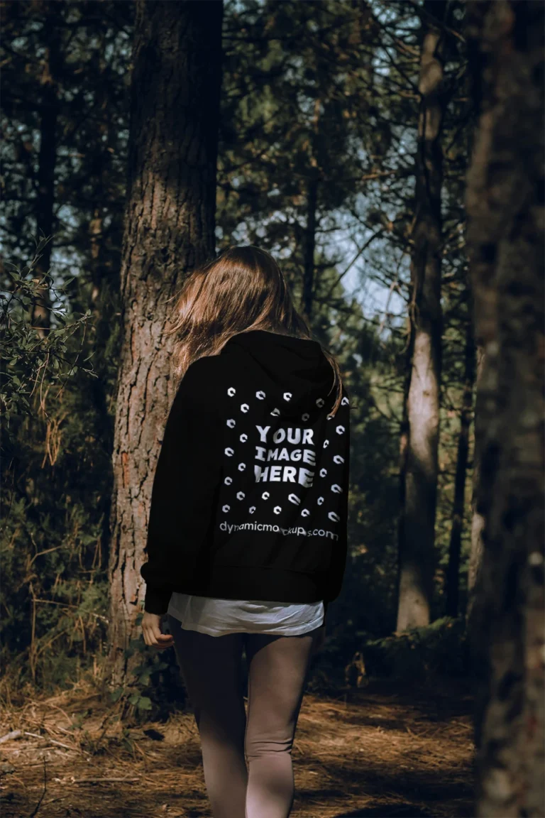 Woman Wearing Black Hoodie Mockup Back View Template