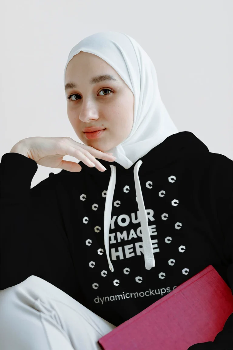 Woman Wearing Black Hoodie Mockup Front View Template