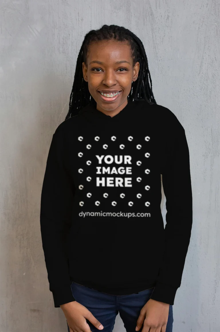 Woman Wearing Black Hoodie Mockup Front View Template