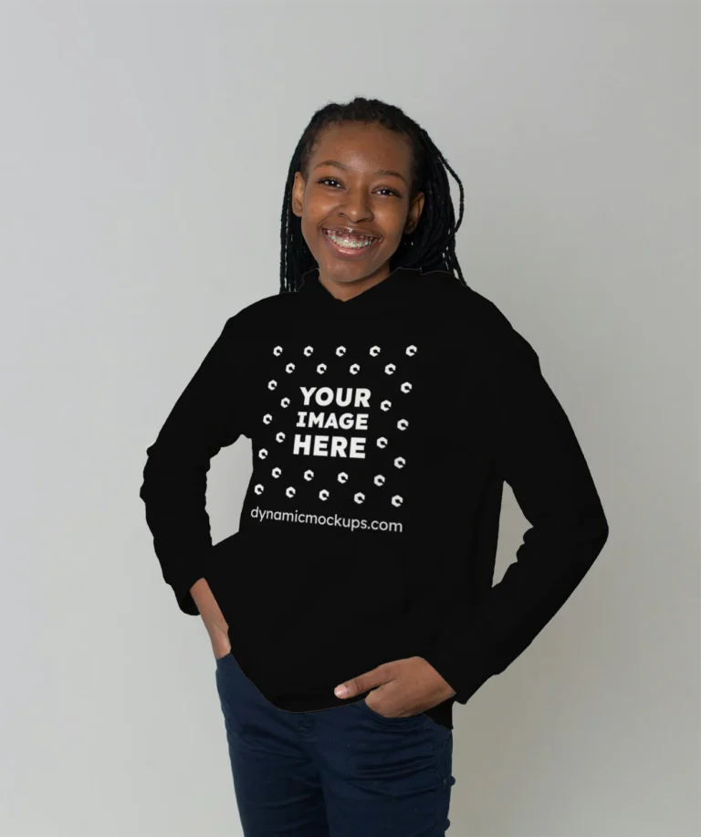 Woman Wearing Black Hoodie Mockup Front View Template