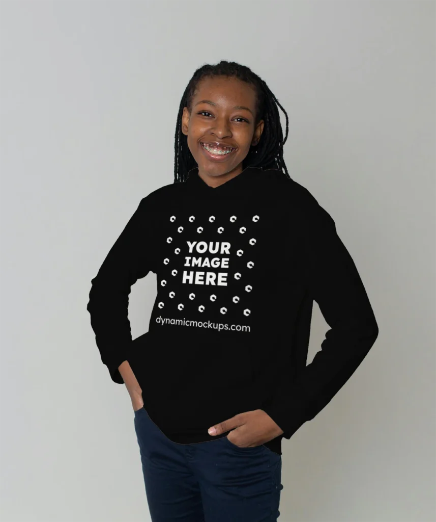 Woman Wearing Black Hoodie Mockup Front View Template