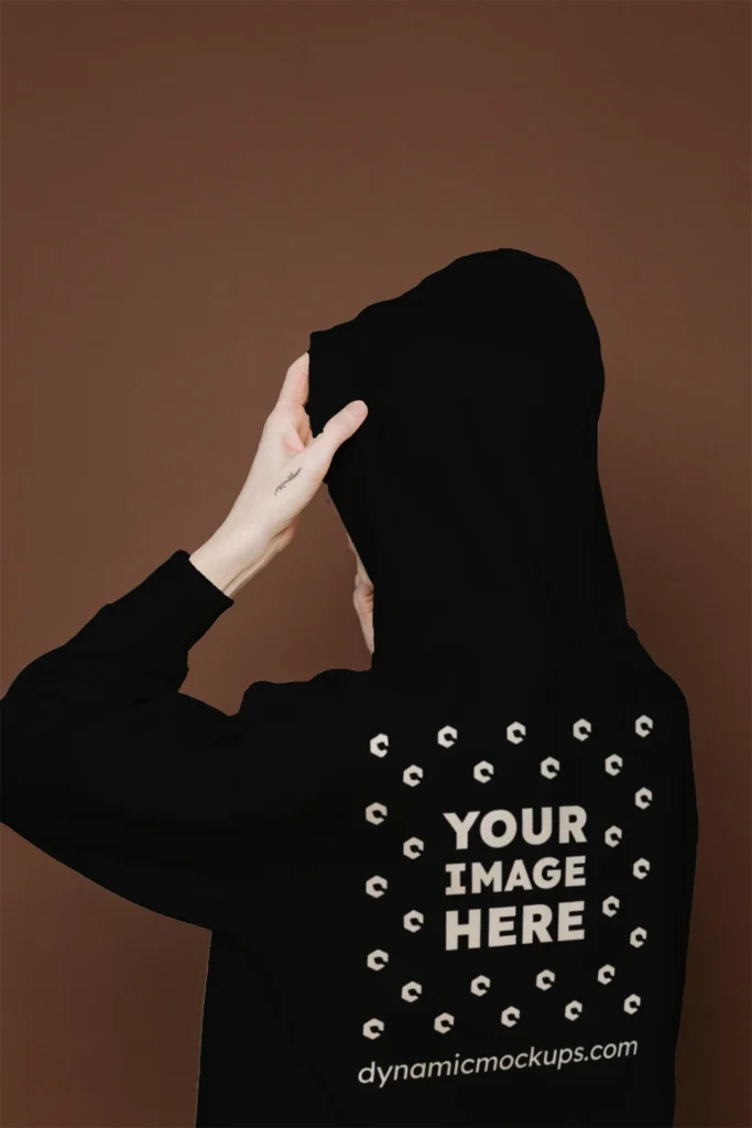 Woman Wearing Black Hoodie Mockup Back View Template