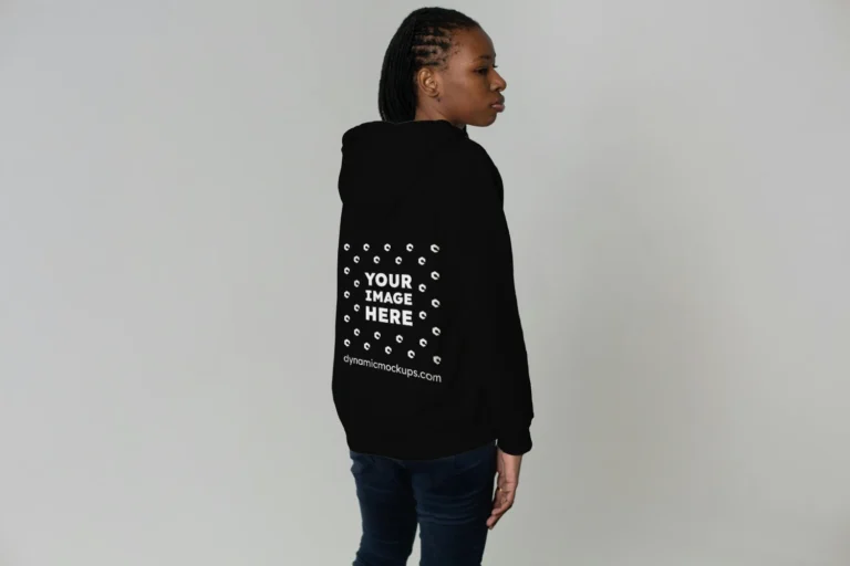 Woman Wearing Black Hoodie Mockup Back View Template