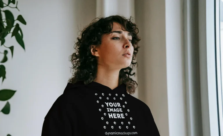 Woman Wearing Black Hoodie Mockup Front View Template