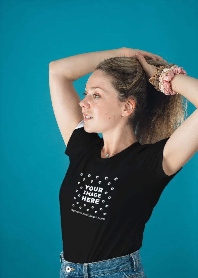 Woman Wearing Black T-shirt Mockup Front View Template